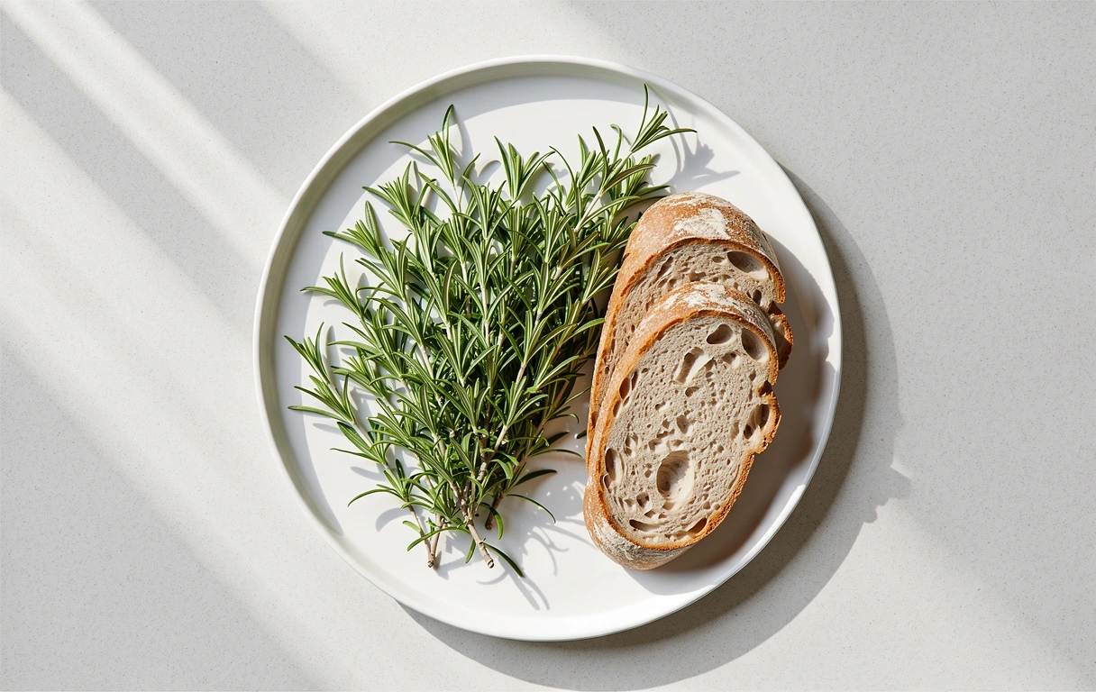 Frische Kräuter und Vollkornbrot auf weißer Keramik